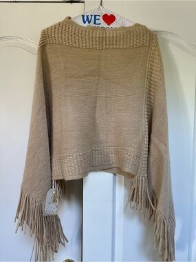 Neutral Beige Fringe Knit Poncho Sweater - Women